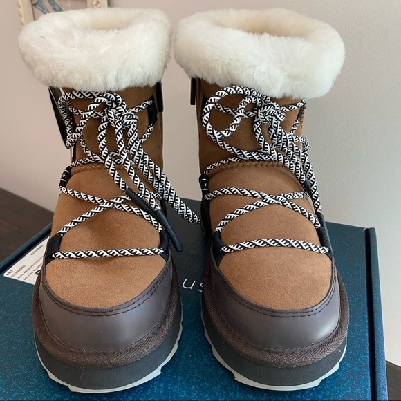 NWT Anthropologie Emu Australia Brown Leather Fur Lined Boots Chestnut - Picture 1 of 13